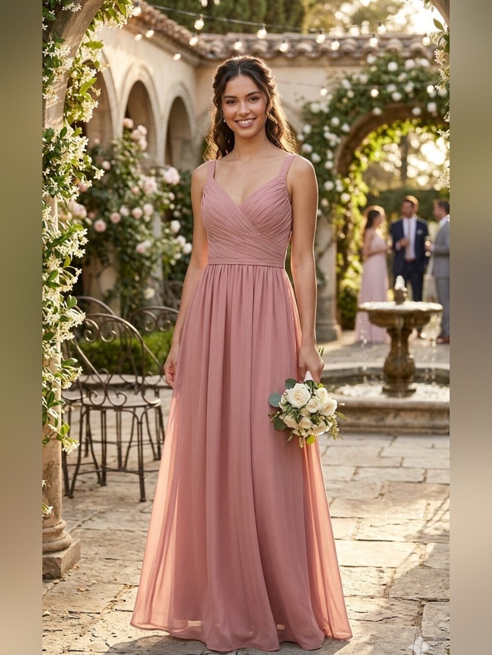 🎀Azazie Rose Dusty Pink V-Neck Ruched Chiffon Maxi Dress